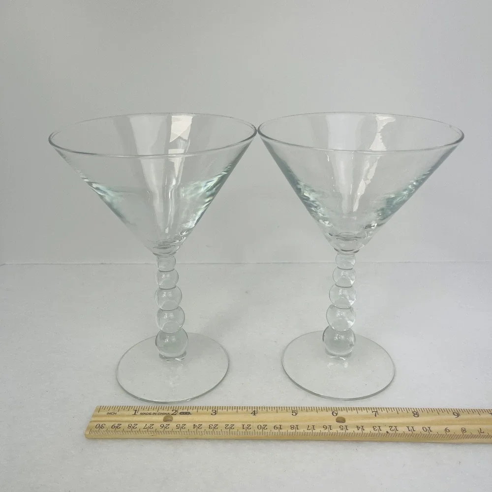 Set of 2 Clear Martini Glasses Stacked Ball Bubble Stem Cocktail Barware 7.25in